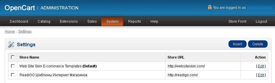 OpenCart control panel